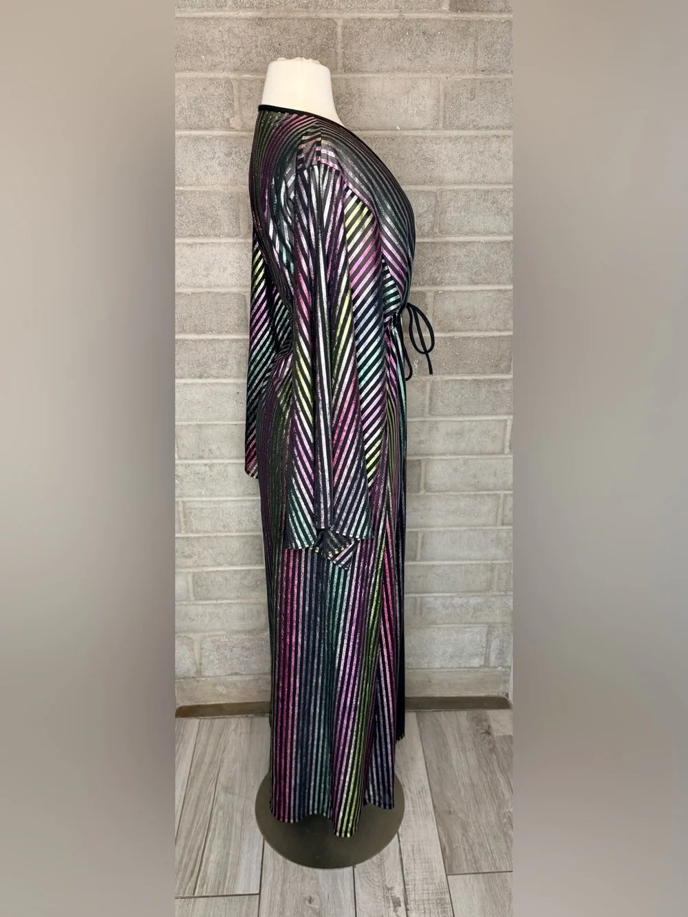 TAMO Design L Metallic Rainbow Stripe Sheer Maxi Duster Kimono Festival